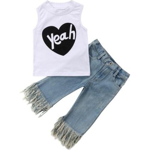 2PCS Summer Party Fashion Casual Newborn Baby Girls Cotton Sleeveless O-Neck Pullover Letter White Vest Tops Denim Tassel Pants