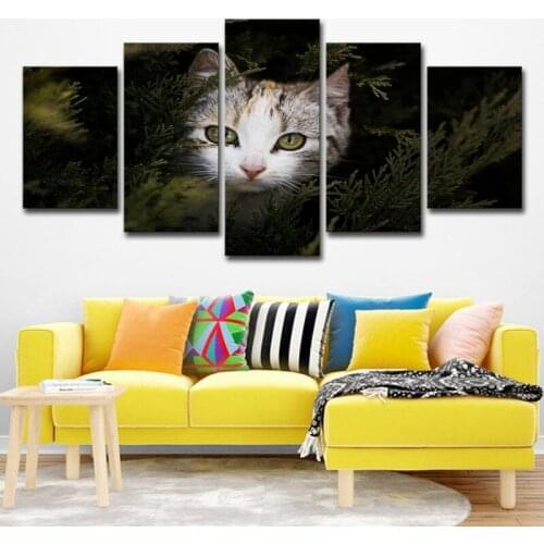 5 Panels Cute Cat Animal Bedroom Scene Wall Art Home Decoration Frameless Picture Core Home Hanging Painting Simple Style Art