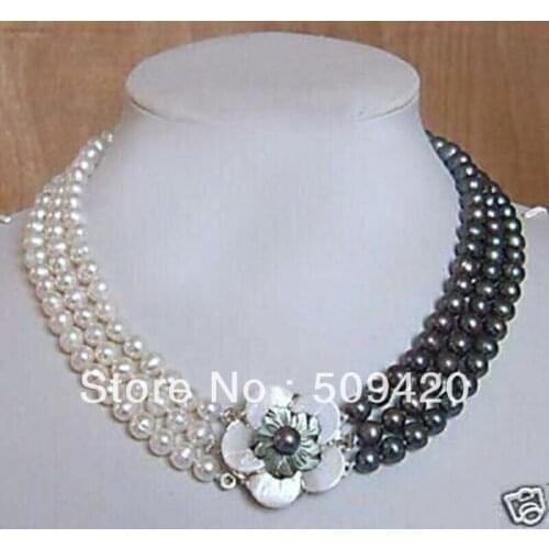 Free Shipping Noblest 7-8mm genuine black white pearl flower clasp Necklace 17-19"