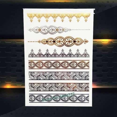 Glitter Gold Silver Tattoo Indian Bracelet Chain Design 21x15CM Indian Totem Women Henna Temporary Tattoo Sticker Body Art Tatoo