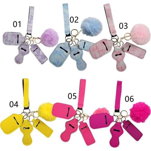 Wholesale 5pcs DIY Keychain Accessories with Fluffy Fur Pom Keychains Hand Sanitizer Perfume Lipstick Holder