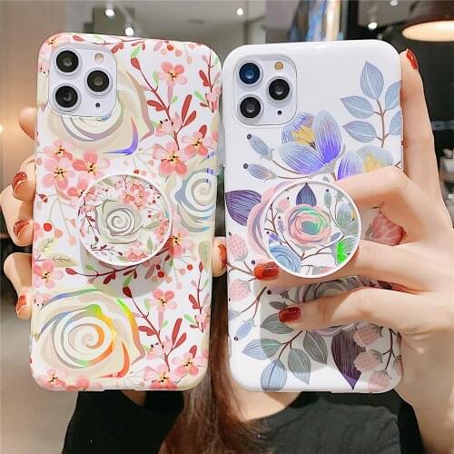Holder Stand Cute Laser Plating Glitter Flower Rose Phone Case For iPhone XS 11 12 Pro MAX XR X 6 6S 7 8 Plus Floral Soft Cover