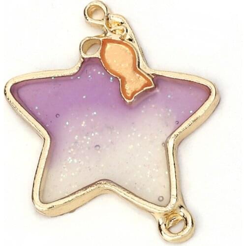 DoreenBeads Zinc Based Alloy Connectors Pentagram Star Gold Color Purple Fish Glitter Enamel 28mm(1 1/8") x 24mm(1"), 5 PCs