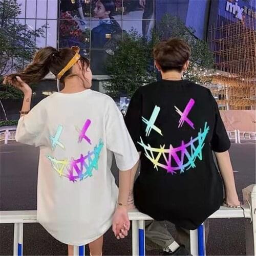 Black Reflective Gothic T-Shirt Men Casual Summer Hip Hop Tops Tee Fashion White Loose Couple Funny Harajuku Japan T-Shirt Boys
