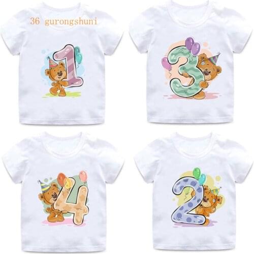 Boy Girl Birthday Bear Number 12 3 4 8 9 Bow Print T shirts Baby cute Cartoon Funny Round Neck Girls T-shirt Best Birthday Gift
