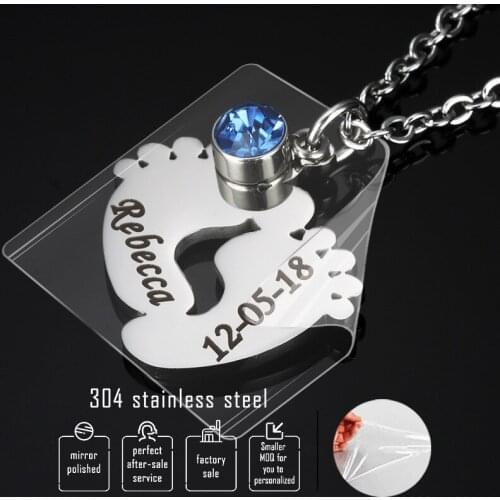 Custom Stainless Steel Baby Feet Necklaces DIY Babys Footprints Engraved Commemorative 12 Color Diamond Energy Necklace Gifts