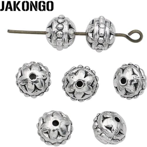 JAKONGO Round Flower Spacer Beads Antique Silver Plated Loose Beads for Jewelry Making Bracelet Jewelry Accessories DIY 20pcs