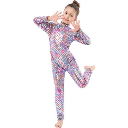 Girls Beauty Fish Skin Cosplay Costume Kids Mermaid Clothes Metallic Faux Leather Rainbow Sequin Baby Clothes One Piece Jumpsuit