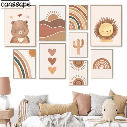Nursery Wall Poster Bear Lion Print Rainbow Painting Heart Posters Cactus Prints Boho Wall Paintings Baby Kids Bedroom Decor