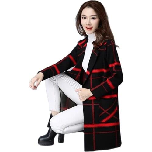 2021 New Ladies Sweater Suit Coat Mid-Length Lattice Cardigan Loose Sweater Blended Woolen Jacket Buttoned Female Outerwear