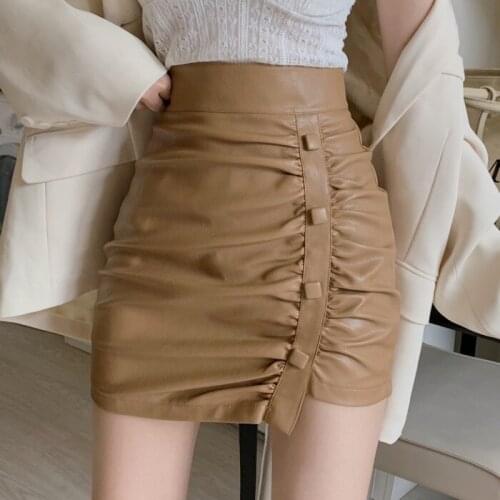 2020 autumn and winter new Korean style high waist pu leather skirt design sense irregular pleated skirt DQ1268