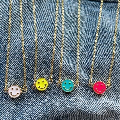 10Pcs 2021 Fashion Double Sided Smiley Face Pendant Necklace For Women Enamel Happy Smiley Jewelry Girls Party Gifts