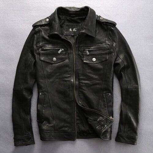 Slim fit leather jacket men balck sheepskin shirt Epaulet zipper pockets biker leather coat for men 2016 autumn new arrivals