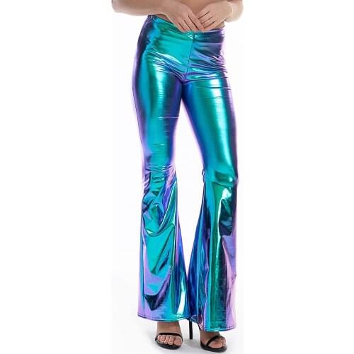 Sexy PU Leather Metallic Pants Shiny Holographic Flare Pants Women Girls Bodycon Elastic Waist Bell Bottom Trousers Clubwear