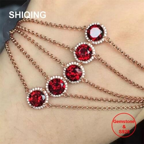 SHIQING Blood red color nature garnet 925 sterling silver round simple solitaire real gemstone bracelet for girls
