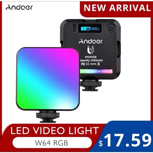 Andoer W64RGB Mini LED Video Light Rechargeable Photography Fill Light CRI95+ 2500K-9000K LCD Display for Vlog Live Streaming