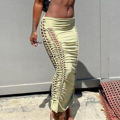 Summer Solid Color Skirt Hollow Fold Design Elastic Waist Slim Body Buttocks Fashion For Women Commuting Out Of Street