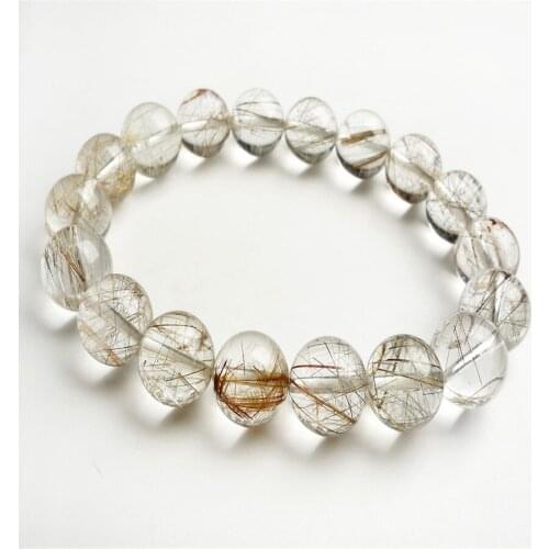 12mm Genuine Natural Silver Hair Rutilated Quartz Crystal Transparent Round Beads Jewelry Fashion Charm Stretch Bracelet