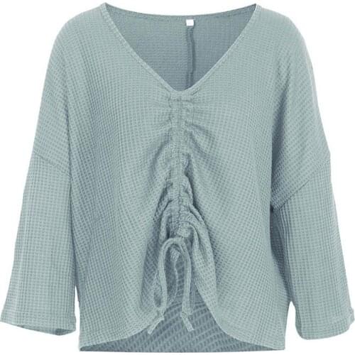 Women Blouse Drawstring V-neck Long-sleeved Top Loose Sweater New product for autumn and winter drawstring design V-neck