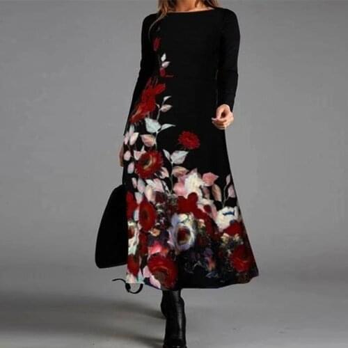 Women Autumn Winter Elegant Loose A-Line Dress Round Neck Long Sleeve Maxi Dress Office Lady Retro Floral Print Hem Party Dress