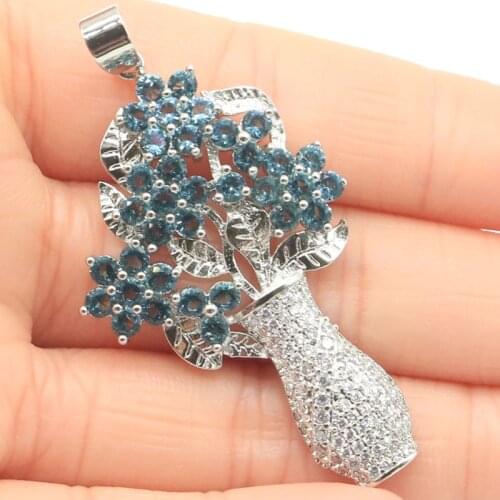 57x29mm Pretty Vase Shape Created London Blue Topaz White CZ SheCrown Womans Jewelry Silver Pendant