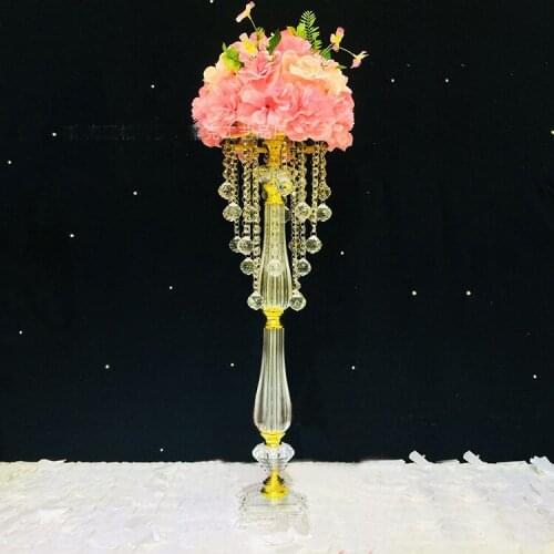 68cm Tall clear acrylic crystal flower stand Gold Metal table centerpiece