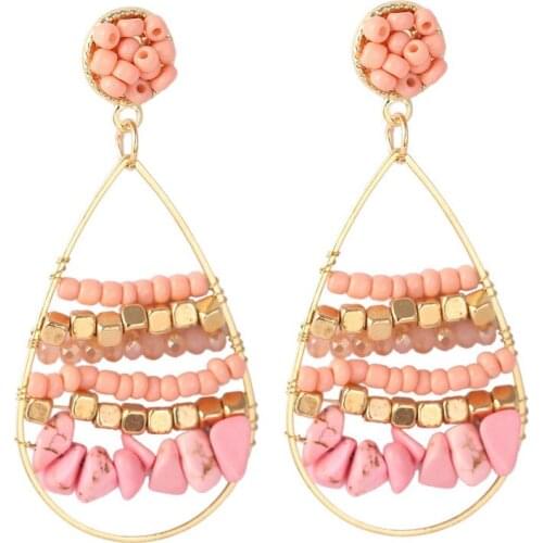 Bohemian Stone Beaded Acrylic Earrings Creative Geometric Hollow Teardrop Dangle Earrings Women Trend Ethnic Jewelry Girl Gift