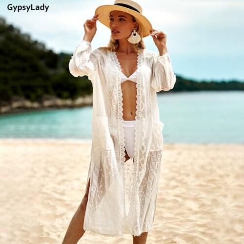GypsyLady Floral Embroidery Long Cardigan Blouse Chiffon Women Vintage Blouse Split Sheer Sexy Beach Blouse Bikini Tunic Tops