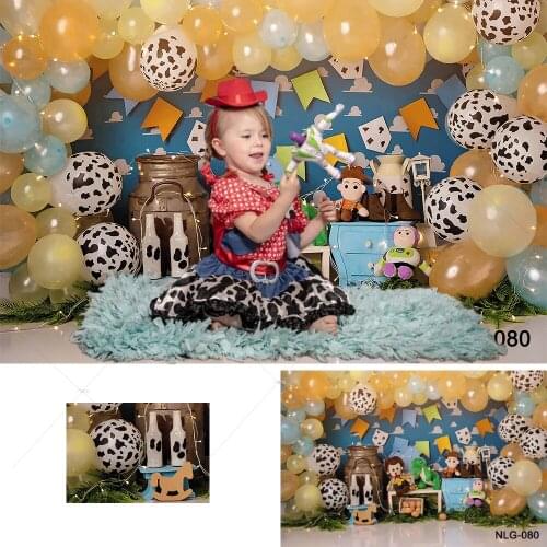 Kids Birthday Toy Backdrop Boys Story Girls Baby Cartoon Banner Balloon Cowboy Birthday Party Photography Background Cake Table