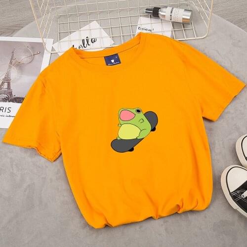 Kawaii Frog on Skateboard T Shirt Cotton Oversize Shirts for Girls Harajuku Aesthetic T Shirt Summer Unisex Casual Loose Blouses