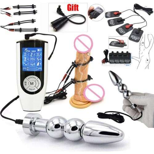 Electric Shock Pulse Kit Stainless Steel Anal Bead Plug Penis Ring Massage Cushion Electric Stimulator Male Masturbation Sex Toy