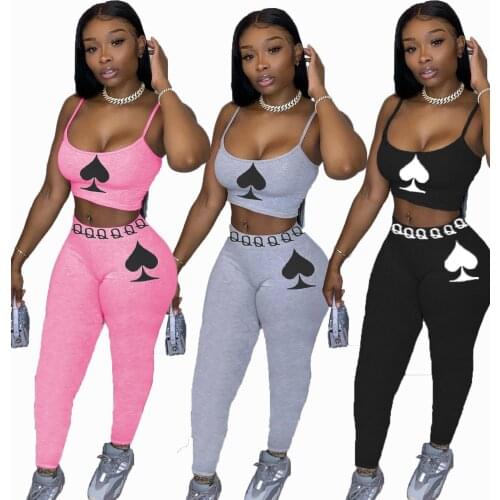 Echoine Spades Printed Women Two Piece Set Casual Tracksuit Tank Tops Leggings Jogger Sweatpant Suit Female Outfits Matching Set