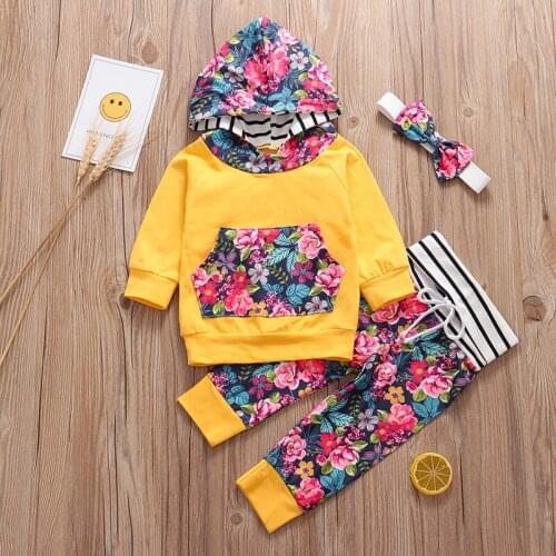 Baby Girls Autumn Clothing Sets Long Sleeve Hooded Sweatshirt Tops Floral Pants Pullover 3Pcs Newborn Infant Clothes Outfits
