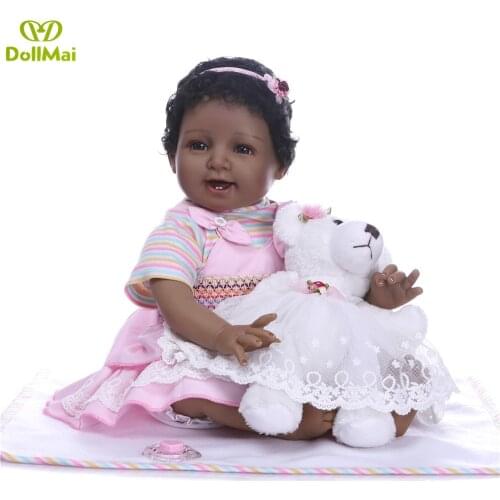 Black doll reborn 22"55cm silicone reborn baby doll lifelike real baby girl African-American ethic doll for kids gift boneca