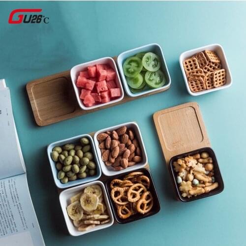 Square Ceramics Fruits Platter Ceramic Dish Salad Plate Porcelain Snacks Candy Nut Desserts Eco Natural Serving Bamboo Tray Set
