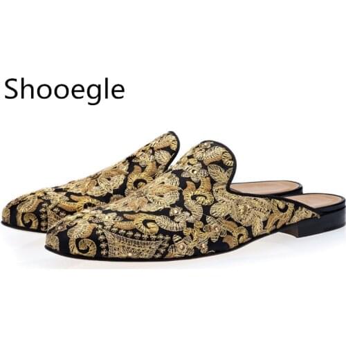 Men Golden Hand-Embroidered Canvas Casual Shoes Mules with Crystal Embellishments Men Flat Slipper