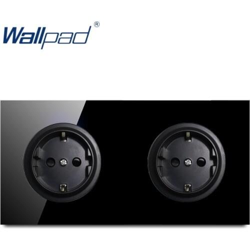 Wallpad Crystal Tempered Pure Black Glass Panel 16A Double EU German Standard Wall Power Socket Outlet Grounded
