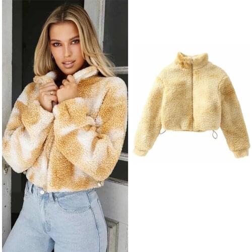 Zoulv 2020 New Teddy Fluffy Yellow Jacket To Keep Warm Autumn and Winter New Womens Fashion Tie-dye Cropped Top Winter Coat