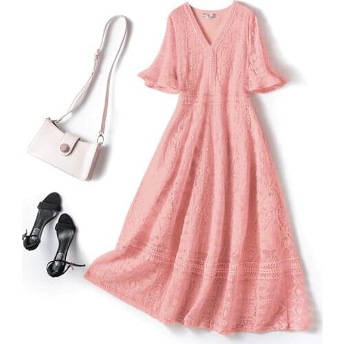 2021 Summer New Style High Quality Plus Size Fashion V Neck Lace Dress Female