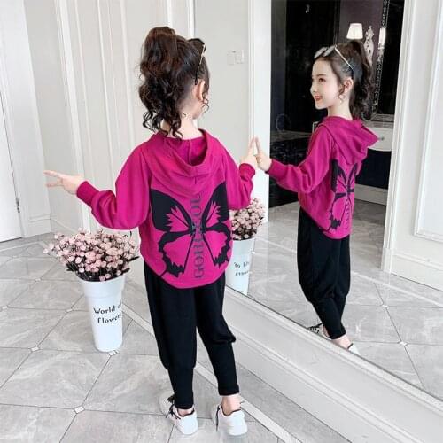 New Spring Autumn Girls Cotton Hoodies Sports Kids Teenagers Suit Two Piece Sweatshirts +Pants Childrens Clothing Sets Quality