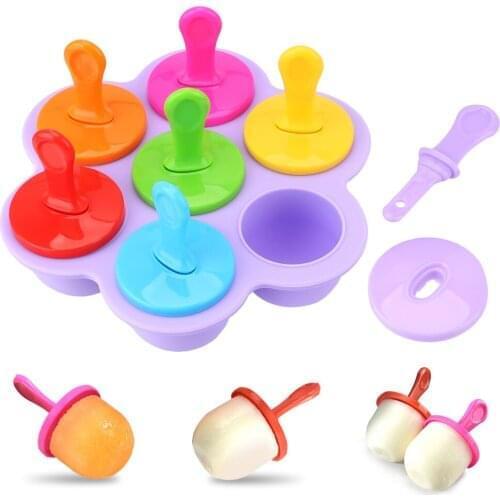 Portable Popsicle Mould DIY 7 Holes Ice Cream Ice Pops Mold Ball Maker Tray Food Grade Silicone Fruit Shake Accessories