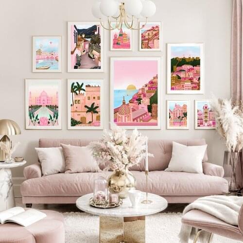 Moroccan Print Travel Cities Poster Santorini Positano Lisbon Pink Italy Landscape Art Canvas Painting Wall Pictures Home Decor