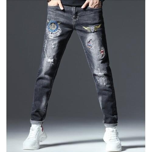 Hole Mens Ripped Beggars Classic Paisley Pattern Embroidery Badge Patch Jeans Black Slim Fit Stretch Cotton Denim Pants