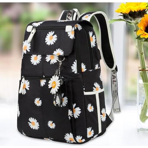 New Female Fashion USB Charge Backpack School Bags For Girls Black Backpack Plush Ball Sunflower Girl School Bag School Season