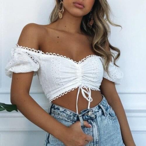 Off Shoulder Women Ruched Crop Top V Neck Short Sleeve Summer Casual Club Hollow Elastic High Waist Lace-up Open Back Shirt Tops