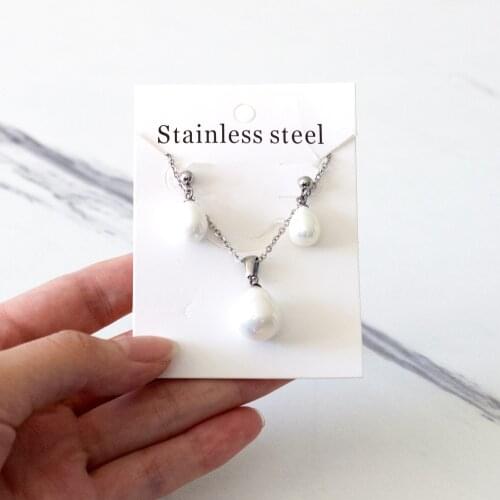 Silver Color Imitation Pearl Water Drop Pendant Necklace and Earrings 316L Stainless Steel Jewelry Set for Women Party Gift