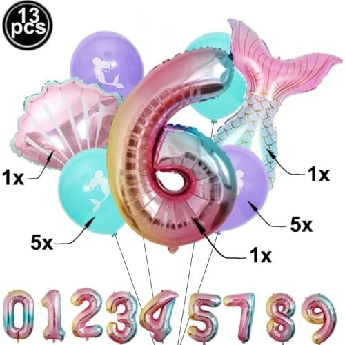 Mermaid Tail Birthday Number Balloon 13pcs 1 2 3 4 5 6 7 8 9 Single Girl Birthday Under the Sea Party Decor Birthday Supplies