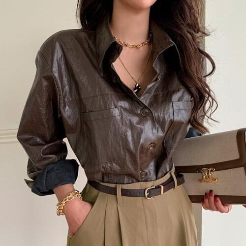 2020 New Autumn Winter Vintage PU Faux Leather Womens Blouse Solid Long Sleeve Tops Elegant Loose Shirts Office Lady Blusa