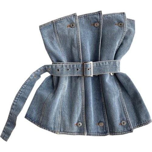 Summer design sense female niche breasted splicing Slim irregular denim tube top off-the-shoulder tube top denim jacket for wome
