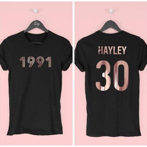 1991 shirt 30th birthday T-shirt women’s 30th birthday gift Customized name year, month, age Summer round neck T-shirt